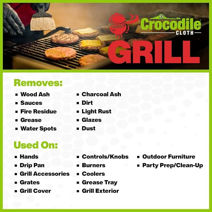 Crocodile Cloth Grill Plant-Based Food Safe Cleaning Wipes, 80 Count | Safe on Skin & Multiple Surfaces, Infused with Aloe & Vitamin E, Large, Pre-Moistened & Absorbent