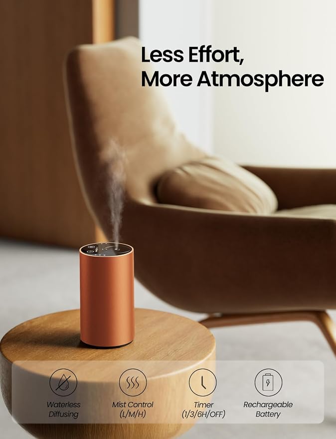 Waterless Essential Oil Diffuser, Rechargeable Car Scent Diffuser, Orange | Premium Aluminum Alloy Housing, Cordless, 3 Mist Levels, Timers, Portable Aromatherapy Diffuser for Home, Car & Office