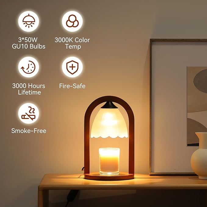 Candle Warmer Lamp with Timer and Dimmer，Electric Candle Lamp Warmer for Jar Candles，Birthday Gifts for mom and Women, Bedroom Home Decor，Melt Warmer for Scented Wax with 3 Bulbs( Retro Wooden Base)