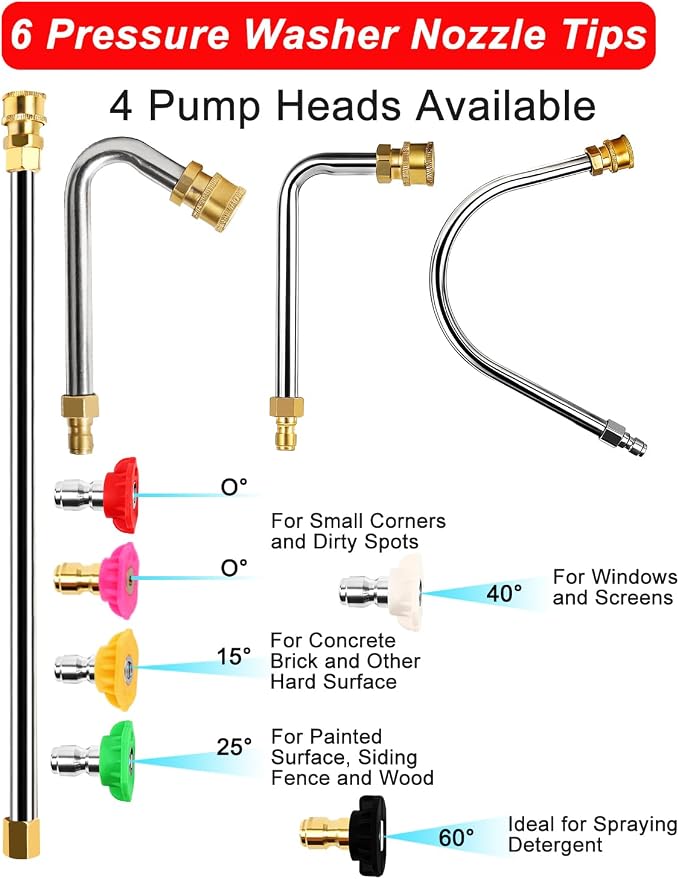 Pressure Washer Extension Wand 120", Gutter Cleaner Attachment | 10 Pc Power Washer Lance with 6 Atomization Nozzle Tips,1 Gutter Cleaner Attachment Curved Rod, 1/4" Quick Connect, 4000 PSI