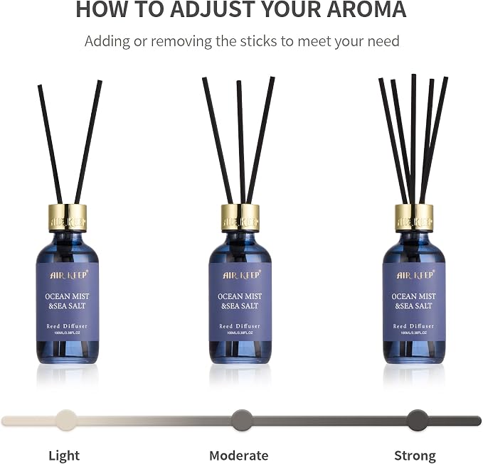 Reed Diffuser Set, 3.38 fl oz (100 ml) - Ocean Mist&Sea Salt Oil Diffusers with 8 Reed Sticks, Home Fragrance Reed Diffuser for Bathroom Shelf Decor