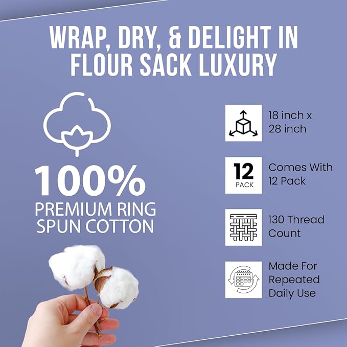 Flour Sack Towels| Tea Towel for Crafts| Kitchen Dish Cotton Blank Towel for Embroidery|Baking Bread Proofing Linen Cover| Thick Absorbent Quick Dry| 12 Pack 18"x28" White