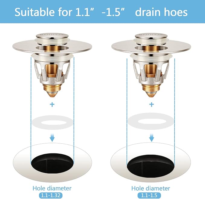 QYHNYJF Bathroom Sink Stoppers Brushed Nickel – Pop Up Drain Stopper & Strainer, 2-in-1 Universal Sink Stopper for 1.1" to 1.5" Bathroom Sink Drain Pipes, Brushed Nickel Finish