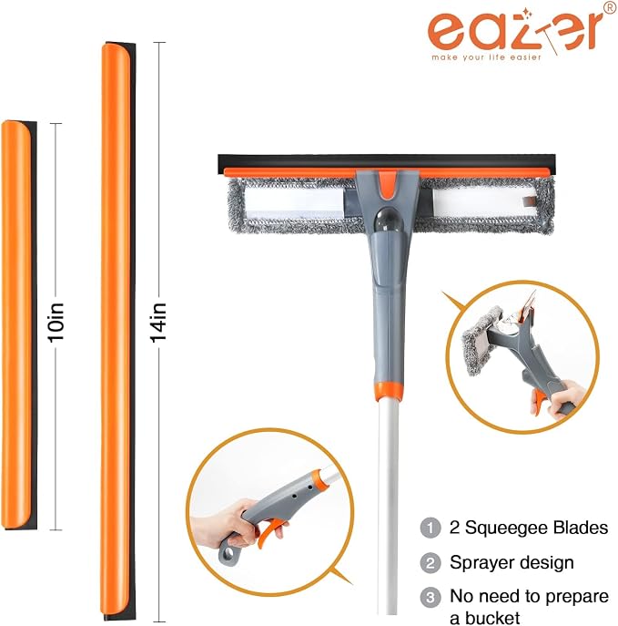 Eazer 76" Spray Window Squeegee Kit with Extension Pole & Pads | 5-Section Pole with Microfiber & Chenille Pads – Streak-free for indoor, outdoor & car windows