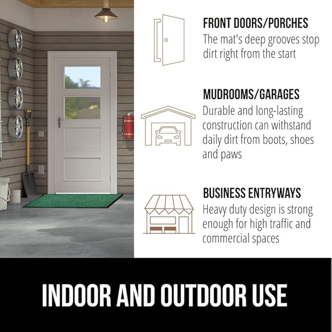GORILLA GRIP Traffic Guard Door Mat, Heavy Duty Welcome Mats, Commercial Office Space Doormat, Waterproof, Fade Resistant, Strong Rubber Backing, Low Profile, Shoe and Boot Scraper, 35x23, Green