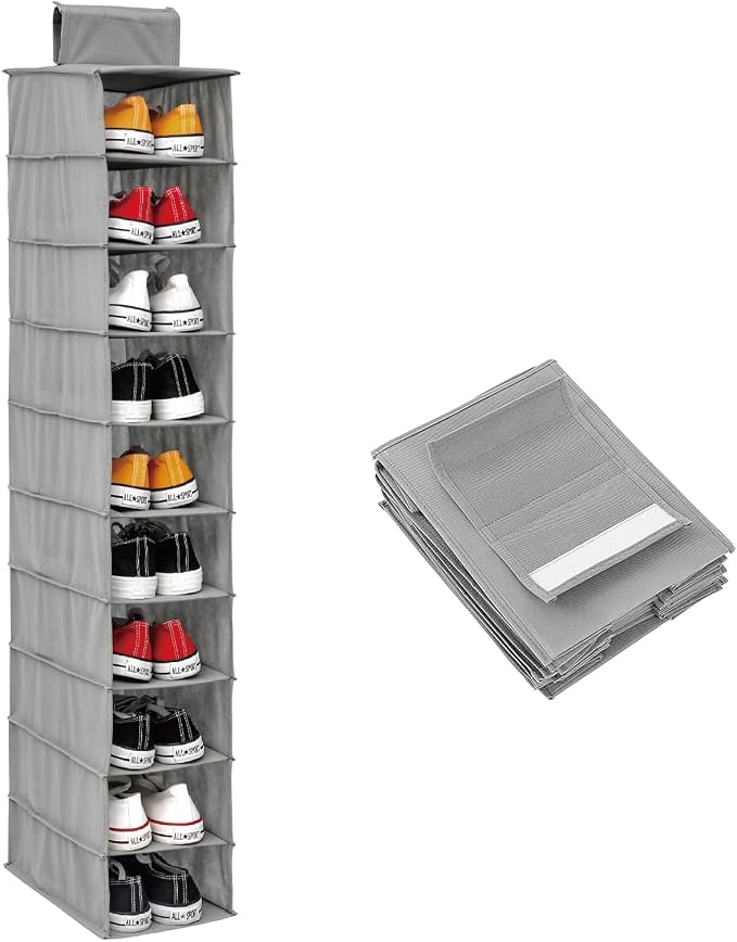 HomeBeyond 10 Shelf Hanging Closet Organizer, Grey Storage Shelves for Clothes, Shoes, and Accessories, Space Saving Closet Storage Solution