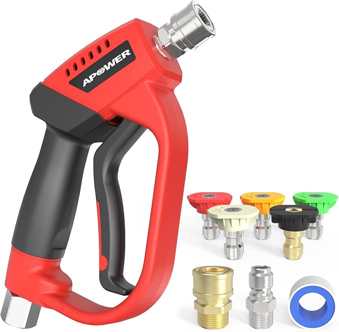 Pressure Washer Gun with 360 Swivel, Max 5000 PSI Power Washer Short Gun with 3/8" Male Plug and 1/4" Quick Connector Coupler, Car Wash Accessories, 5 Nozzle Tips Included