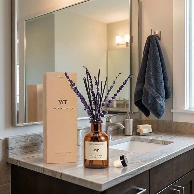 Reed Diffuser Set for Bathroom Air Fresheners Decor | Pure Lavender Scent Oil Diffuser With Flower, 4.0 fl oz Home Fragrance With Sticks Defusers | House Office Shelf Decor