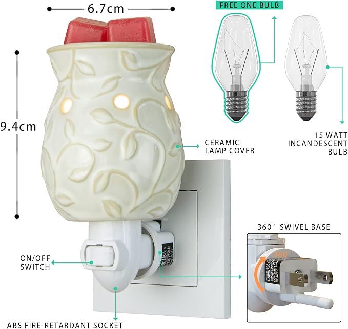 Candle Warmer Wax Melt Warmer Wax Warmer for Scented Wax Night Light Plug in with One More Bulb Home Fragrance Home Decor Wall Decor Bas-Relief Craft (Ivy)