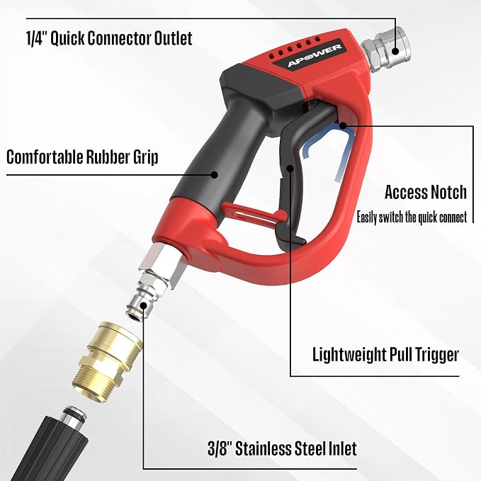 Pressure Washer Gun with 360 Swivel, Max 5000 PSI Power Washer Short Gun with 3/8" Male Plug and 1/4" Quick Connector Coupler, Car Wash Accessories