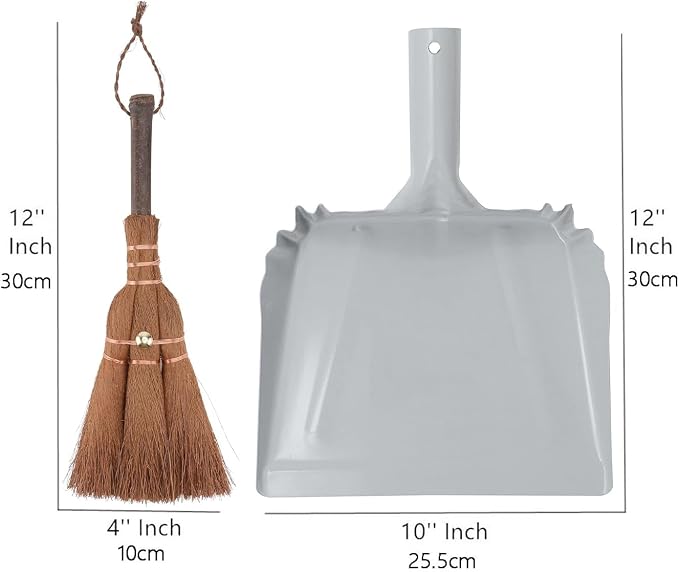 Small Metal Dust Pan and Brush for Fireplace, Garage, Shop, 9" Wide | Heavy Duty Dustpan and Hand Broom for Outdoor Camping Indoor, Natural Bristle Bench Brush for Counter Ash Cleanup Anti-Static