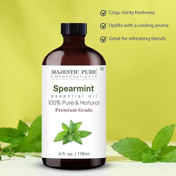 Majestic Pure Spearmint Essential Oil for Diffuser - 4 Fl Oz | 100% Natural Essentials Oils Ideal for Humidifier, Air Freshening, Cleaning Home, Bath, Steam Inhalation and Massage