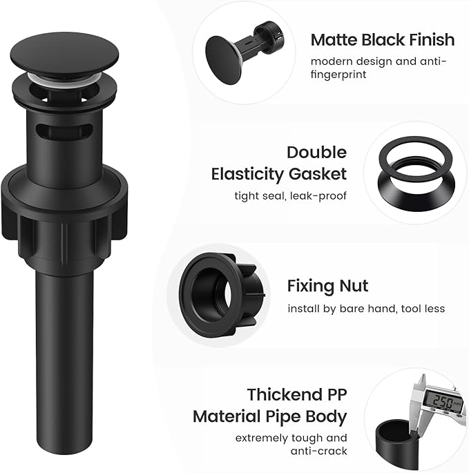 Bathroom Sink Drain with Overflow with Hair Catcher Anti-Clog Sink Strainer | Hurran Matte Black Bathroom Sink Stopper for 1.65"-1.9" Hole, Plastic Pop-up Drain for Bathroom Vanity Vessel Sink, 2 Pack