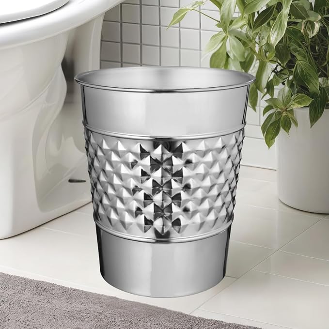 Monarch Abode Metal Bathroom Trash Can – Waste Basket for Bedroom, Office Desk, & Dorm, Handcrafted Geo Embossed, Durable Decorative Nickel Chrome Small Trash Can Bathroom Garbage Bin Wastebasket