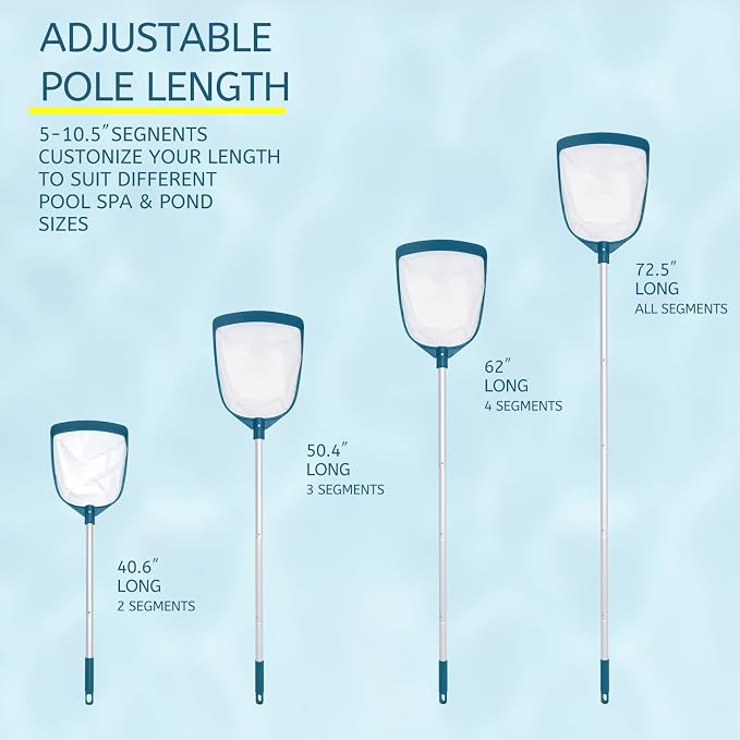 POOLWHALE Upgrades Swimming Pool Leaf Net Skimmer Rake with Adjustable Aluminum Pole and Nylon Medium Fine Mesh for Cleaning Swimming Pools, Hot Tubs, Spas and Fountains