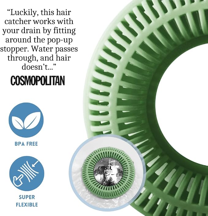 TubRing Pop-Up Drain Protector & Strainer Silicone Hair Catcher, Sage Green | Easy snap-in design fits around bathtub stoppers. Customizable utility guard for clog prevention. Fits 1.85"- 2.16" drains.