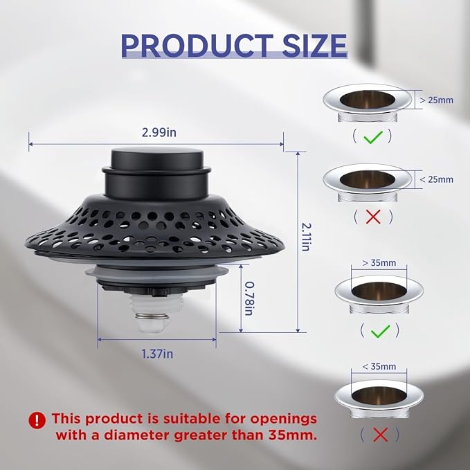 Bathtub Drain Stopper with Removable Hair Catcher, 3-in-1 Pop-up Drain Plug Fits 1.38 to 1.8 Inch Holes, Upgrade Shower Drain Cover with Stainless Steel Filter
