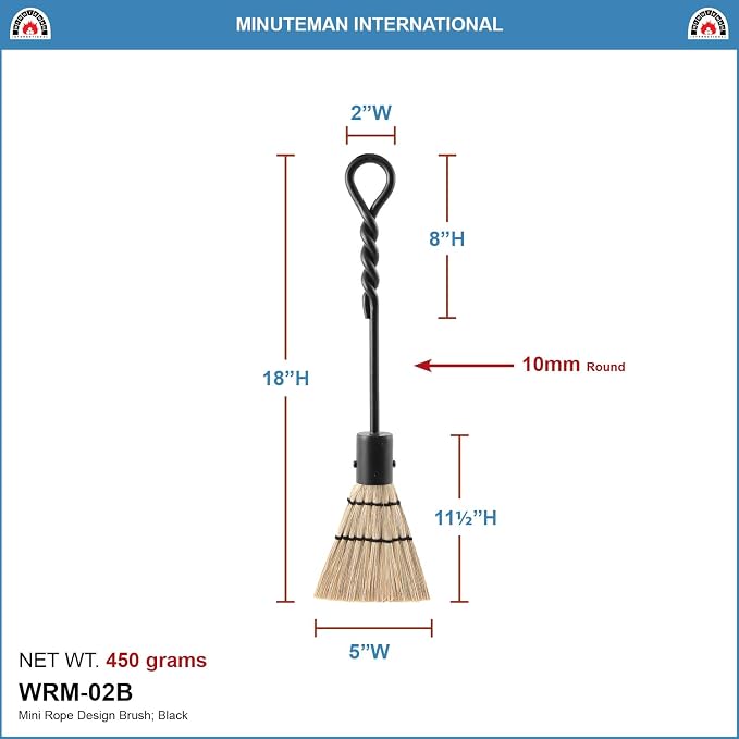 Minuteman International Rope Handle Single, Mini Brush Fireplace Tool, Mini 18-in, Black