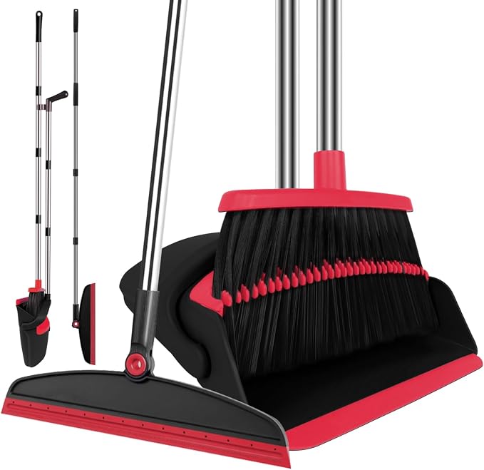 Broom and Dustpan Combo Set, 51" Long Handle with Silicone Squeegee | Wet & Dry Cleaning for Pet Areas, Built-in Comb Dustpan, Foldable Space-Saving Storage, Multi-Surface Floor Cleaning