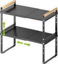 DOLALIKE Expandable kitchen Countertop Organizer, Stackable Cabinet Shelf Organizers, Space Saving Spice Rack Pantry Storage for Bathroom Office Organization (6.9'D*13-19.7''W*15.7''H, Black)
