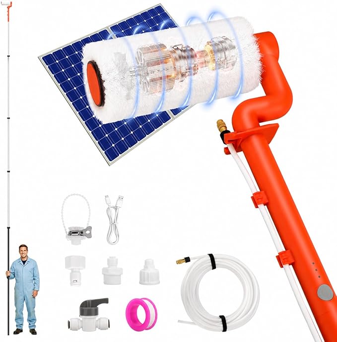 Electric Solar Panel Cleaning Kit, 20FT Telescoping Water Fed Brush | 2 spin speeds and up to 2 hours of runtime for solar panels, high windows, roofs, RVs, boats, and outdoor surfaces.