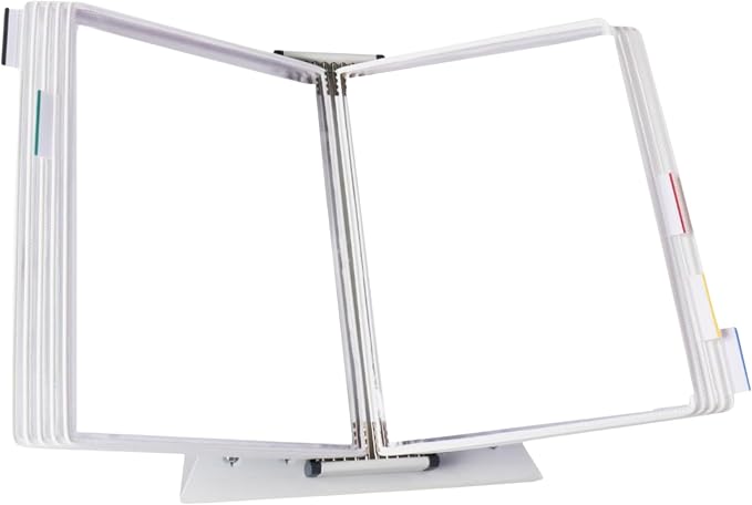 Tarifold Desktop Reference Display System, 10 Pockets, Expandable, White | 10 double-sided PVC pockets, holds 20 letter-size sheets, sturdy metal base, quick-find indexing, quick and easy to assemble
