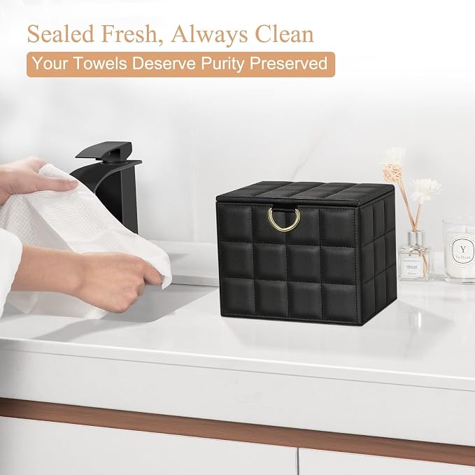 Disposable Face Towel Holder Box XL for Clean Skin Club Organizers | Black PU Leather Face Towels Container, Reusable Organizer for Clean Skin Towel Makeup Wipe Holder Counter Bathroom Storage