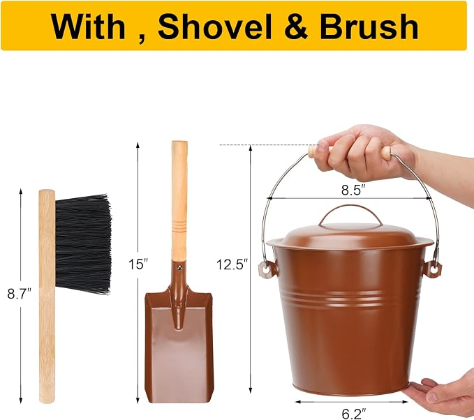 Mini Ash Bucket with Lid, Fireplace Ash Bucket - Copper | 1.5-Gallon Ash Bucket With Lid and Shovel and Hand Broom, Metal Ash Bucket for Fireplace, Fire Pit, Wood Stove