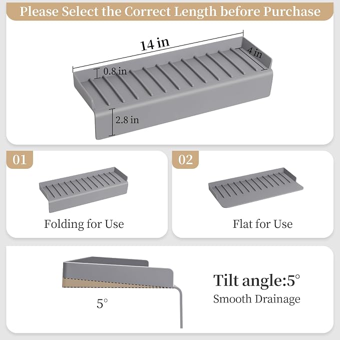 Sink Edge Protector with Suction Cup, 14" x 4", Silicone Sink Splash Guard for Kitchen & Bathroom, Protect Countertop from Scratches, Stains, for Stainless Steel Granite Quartz, Gray