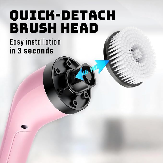 Highyes Electric Spin Scrubber for Bathroom, Upgrated Powerful IPX7 Waterproof Shower Scrubber with Extendable Long Handle A10D (Pink) | IPX7 Waterproof Shower Scrubber with Extendable Long Handle，Bathroom Cleaning Scrubber with 7 Reusable Brush Heads