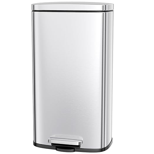 AthLike Trash Can, Stainless Steel Kitchen Garbage Can, Step Waste Bin with Hinged Lid and Removable Inner Bucket, Soft-Close, Dustbin for Bathroom Bedroom Living Room Home (Silver, 8 Gal)
