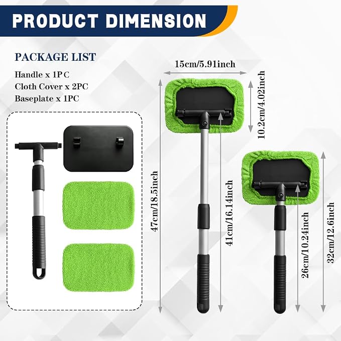 Windshield Cleaning Tool, Car Window Cleaner, Vehicle Window Cleaner with Extendable Handle & 2 Washable Microfiber Pads, Car Interior Glass Wiper Cleaning Kit for Most Vehicles (Green)