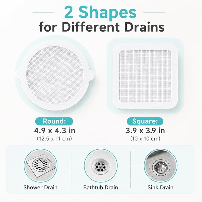 Disposable Drain Hair Catcher Mesh Stickers, Round & Square Shower Drain Covers for Hair, Adhesive Bathtub Sink Drain Protector, Disposable Hair Trap Strainer for Bathroom, Kitchen, Tub