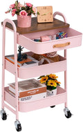 AGTEK Makeup Organizer Cart with Drawer, 3-Tier Metal Utility Cart with Hanging Cups, Leather Handle, Mobile Trolley for Home & Office, Pink