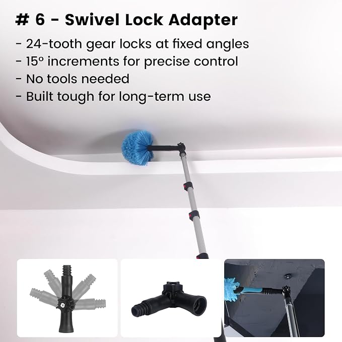 Ceiling Fan Duster Kit with 12 FT Telescoping Pole – 6-Piece Set – Screw-On Cobweb Duster & Squeegee Heads – Washable Bendable – 3/4" Universal Fit – House Cleaning Kit, Blue