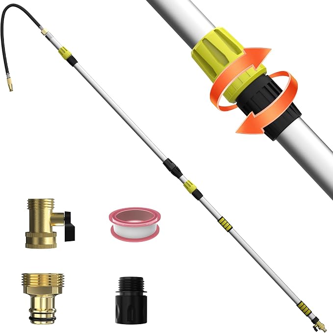 24FT Reach 8-15FT Telescopic Pole Gutter Cleaning Tools from Ground, Flexible Wand, Adjustable Flow for Garden, Roof Gutters, Leaves & Debris Removal
