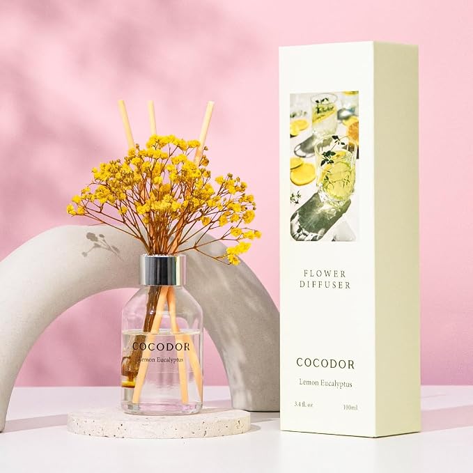 COCODOR Flower Reed Diffuser Set / 3.4oz / Cashmere Vanilla/Scent Diffuser with Sticks Home Fragrance Reed Diffuser for Bathroom Shelf Decor