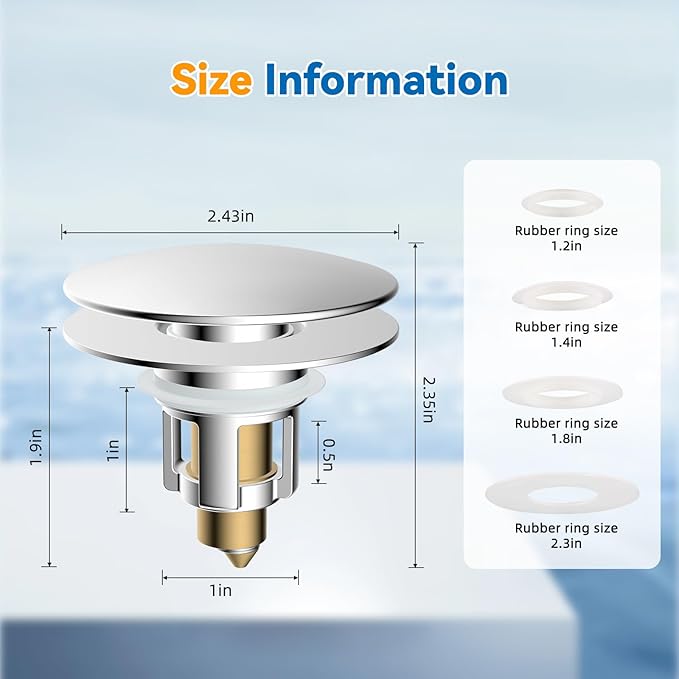Universal Metal Bathroom Sink Stopper, Pop-Up Hair Catcher Strainer, Chrome | Large Cover Cap, Sink Drain Strainer with Detachable Double Filter, Drain Plug Fits 1.1"-2.36" US Basin, Brass Bounce Core