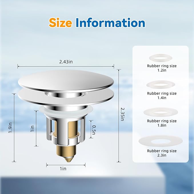 2 Pack Universal Metal Bathroom Sink Stopper, Hair Catcher Strainer, Chrome | Pop-Up Sink Drain Strainer with Detachable Filter, Drain Plug Fits 1.1"-2.36" US Basin, Large Cover Cap, Brass Bounce Core