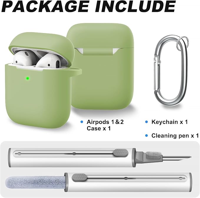for AirPods Case Cover, Come with Cleaner Kit, Soft Silicone Protective Cover with Buckle, Compatible with Apple AirPods 2nd 1st Generation Charging Case, Front LED Visible, Matcha Green