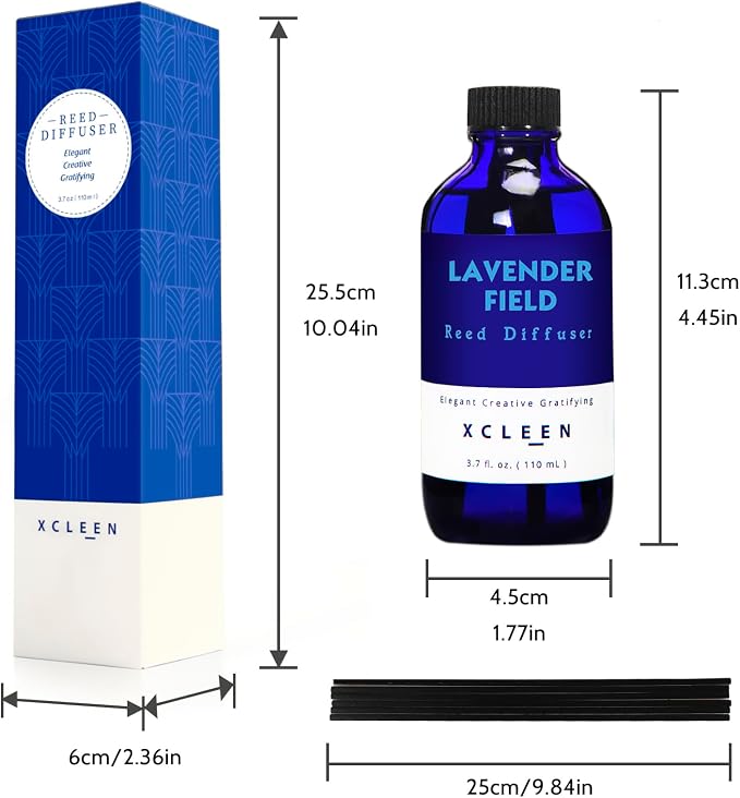 Xcleen Reed Diffuser Set, Lavender Field Oil Diffuser with Sticks, Long-Lasting Home Fragrance Reed Diffusers for Bathroom Shelf Office Decor, Luxury Air Fresheners 3.7 oz(110ml)