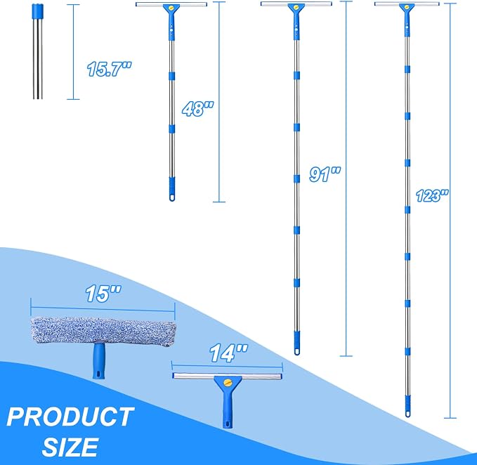 120“Professional Squeegee Window Cleaning Kit with Extension Pole | Streak-Free Silicone Blade,Smooth & Quiet Glide,for Shower Glass Door,Enclosure Cleaning,High Windows