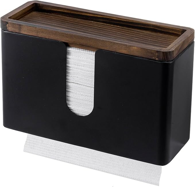 MyGift Deluxe Modern Matte Black Metal Folded Commercial Paper Towel Holder with Rustic Burnt Solid Wood Tray Lid, Wall Mounted Trifold Multifold Z Fold Disposable Napkin Dispenser