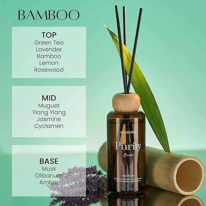 M&SENSE Reed Diffuser Set, Bamboo, 6.3 oz Natural Essential Oil | Non-Toxic Organic, Long-Lasting Fragrance, Ideal for Home Office, Bedroom, Gifts for Women