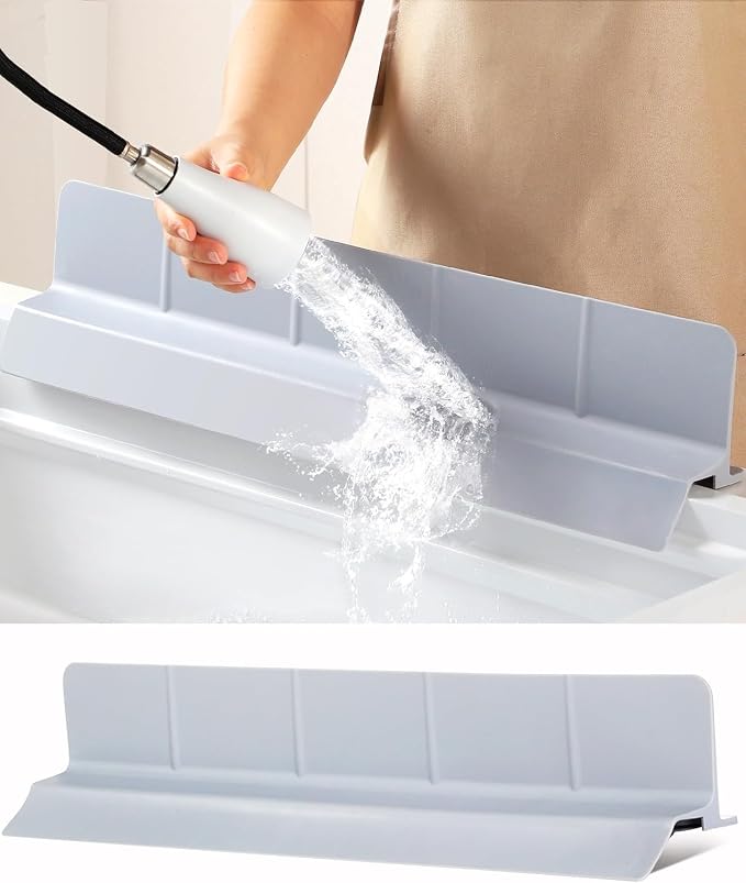 Kitchen Sink Splash Guard 30" 23" 18" Self-Draining Silicone Water Guard with High Splash Wall & Strong Suction Cups for Faucet, Countertop & Sink Edge, Keeps Sinks Dry, Dishwasher Safe, Grey