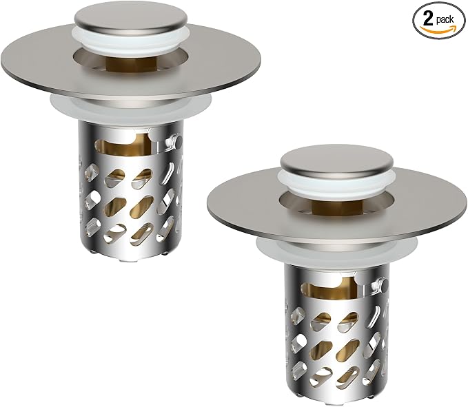 iFealClear 2 Pack Metal Bathroom Sink Stopper, Pop Up Sink Drain Strainer with Removable Stainless Steel Filter Basket, Universal for 1.1"-2.36" Sink, Brass Bounce Core, Hair Catcher, Brushed Nickel