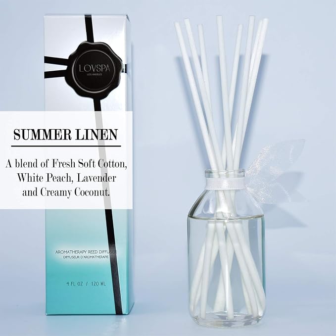 Reed Diffuser Set - Summer Linen Scented Diffuser with Sticks | Home Fragrance Reed Diffuser for Bedroom, Bathroom Shelf Décor - Made in the USA