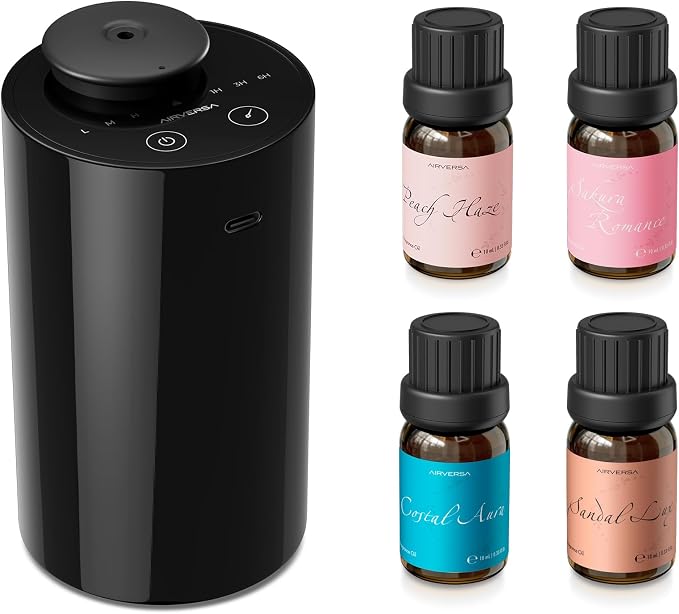 Airversa AN6 Waterless Essential Oil Diffuser Starter Kit, Black | 4 x 10mL Fragrance Oi, Up to 600 sq ft, Battery Operated, Portable for Home Car Office, AN6Kit-4x10-02