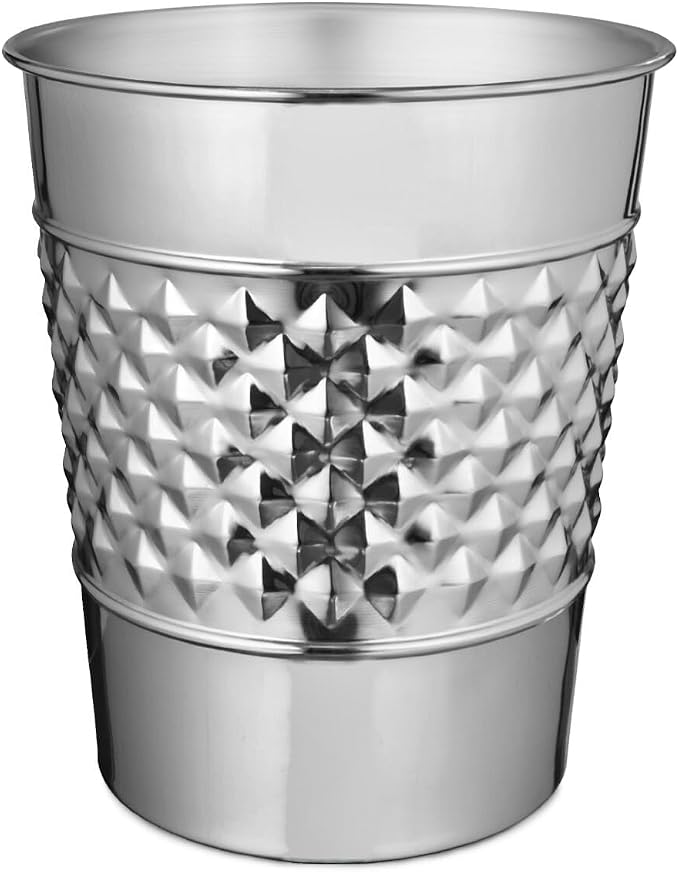 Monarch Abode Metal Bathroom Trash Can – Waste Basket for Bedroom, Office Desk, & Dorm, Handcrafted Geo Embossed, Durable Decorative Nickel Chrome Small Trash Can Bathroom Garbage Bin Wastebasket