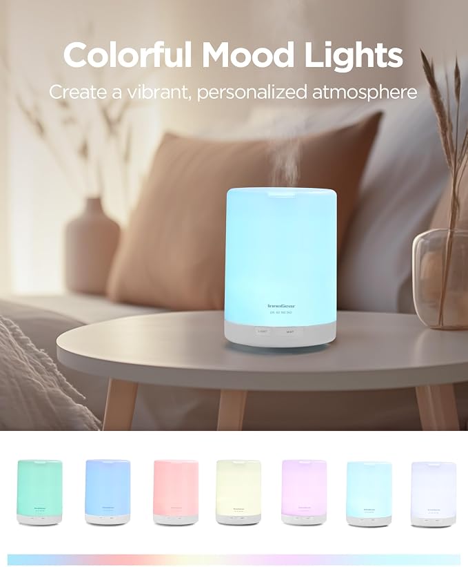 InnoGear 300ml Essential Oil Diffuser for Home Humidifier, Basic White | Aromatherapy, Cool Mist Humidifier, Ultrasonic, Large Room, Run up to 10hrs, Waterless Auto Off, 7 LED Lights, Quiet